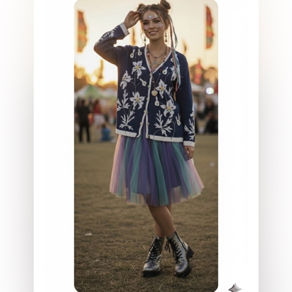 Storybook Knits Celestial Blooms Vintage 90s Blue Lily Embroidered Cardigan S